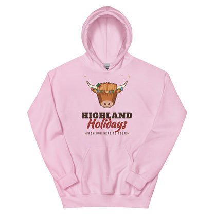 Highland Holidays Highland Cow Western Christmas Hoodie in Light Pink, front view