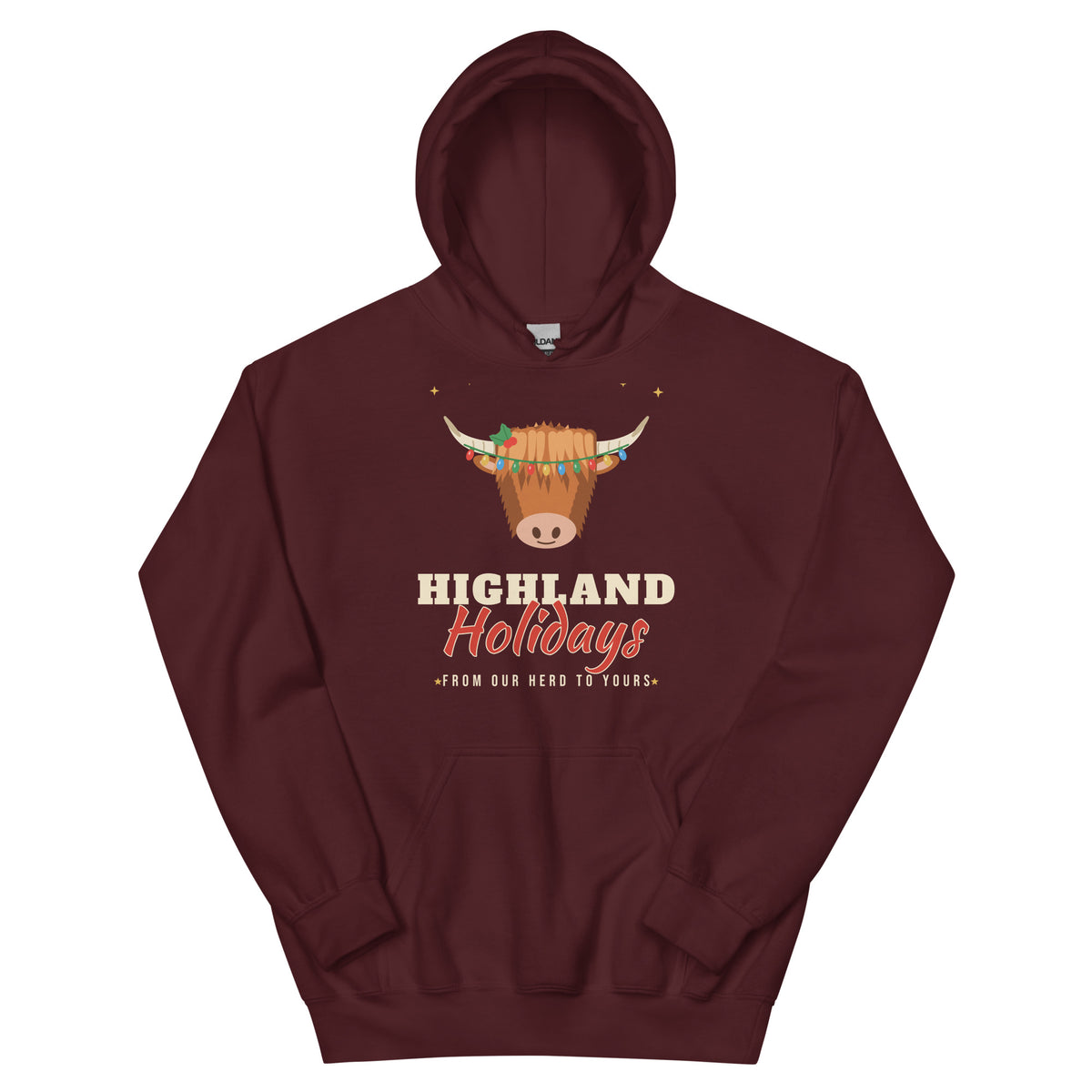 Highland Holidays Highland Cow Western Christmas Hoodie in Maroon, front view