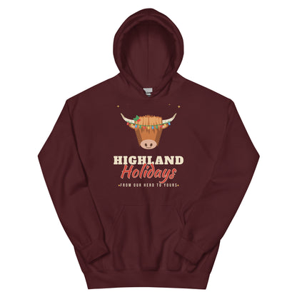 Highland Holidays Highland Cow Western Christmas Hoodie in Maroon, front view