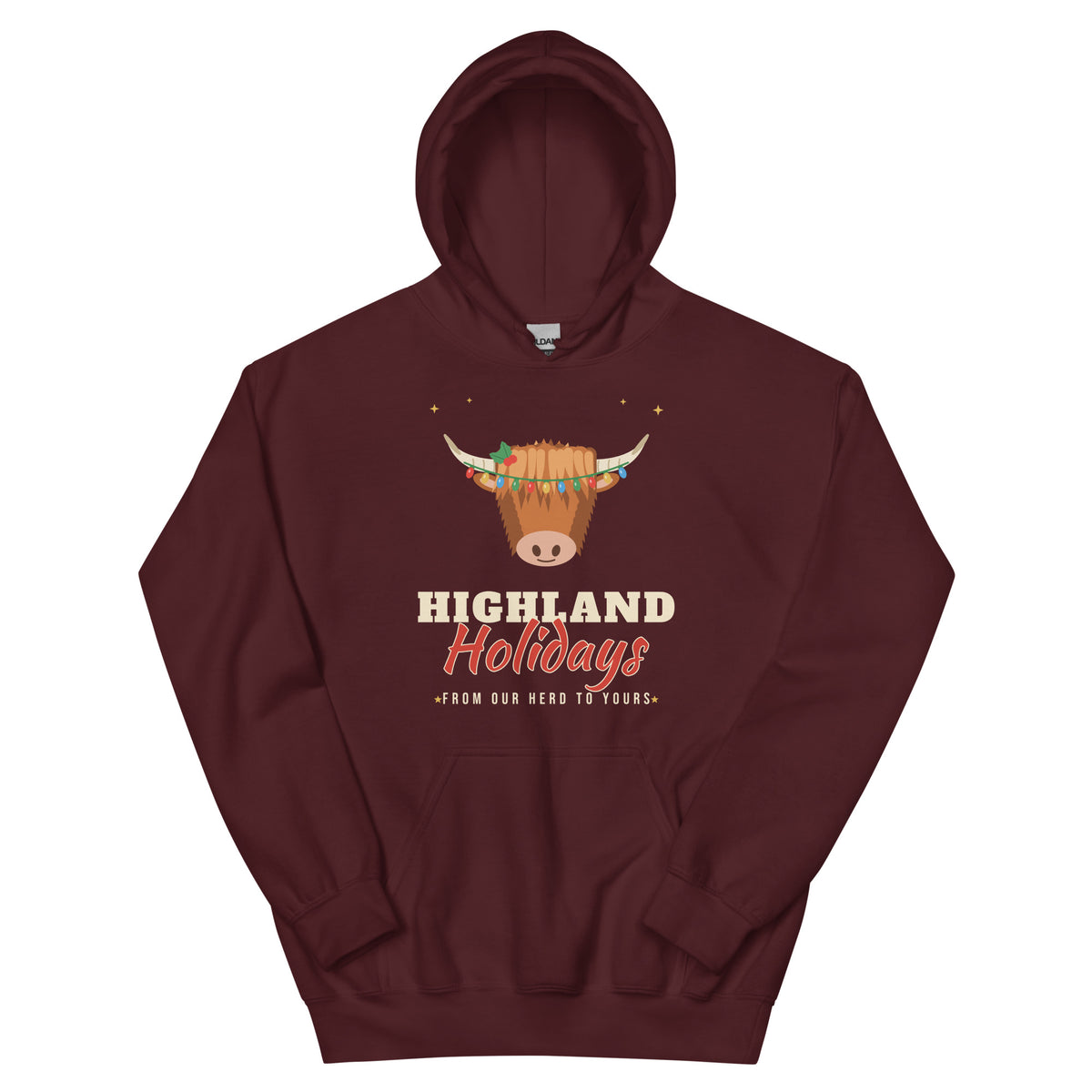 Highland Holidays Highland Cow Western Christmas Hoodie in Maroon, front view