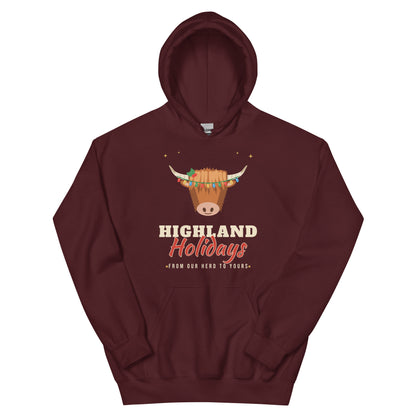 Highland Holidays Highland Cow Western Christmas Hoodie in Maroon, front view