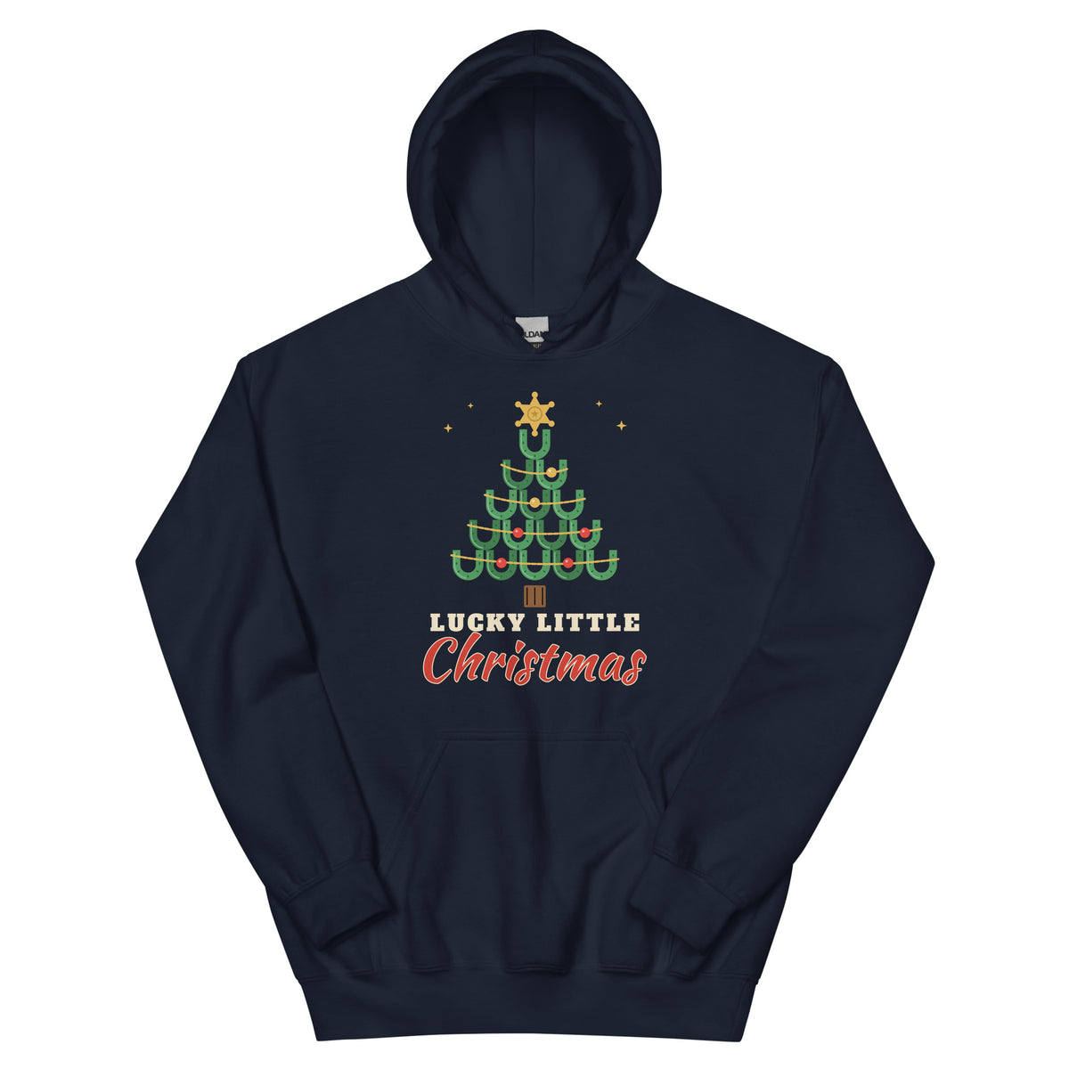 Lucky Little Christmas Western Christmas Hoodie in Navy, front view