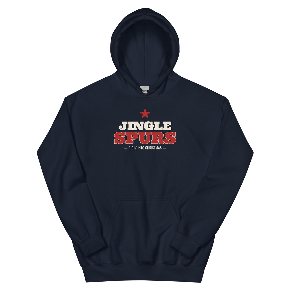 Jingle Spurs Western Christmas Hoodie in Navy, front view
