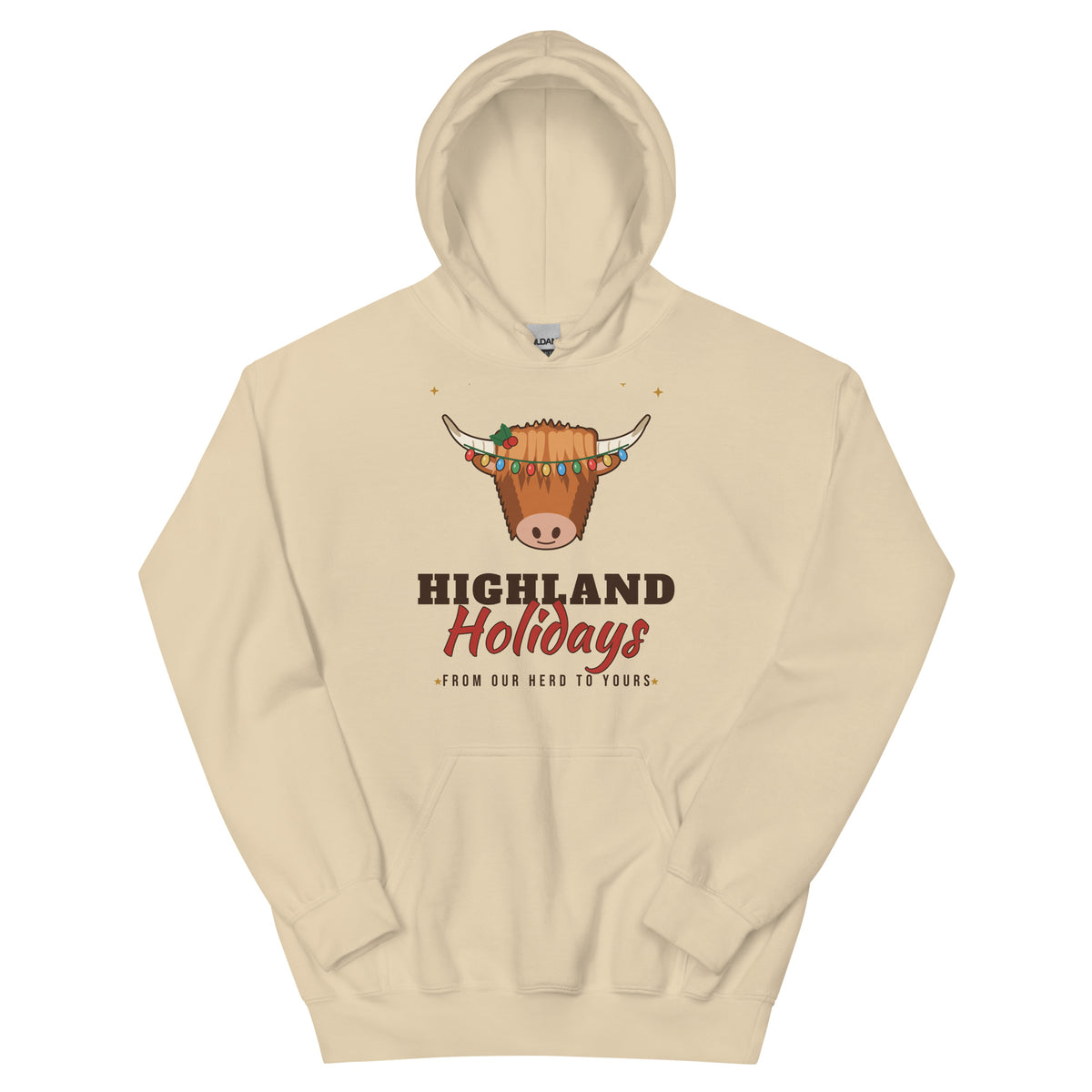 Highland Holidays Highland Cow Western Christmas Hoodie in Sand, front view