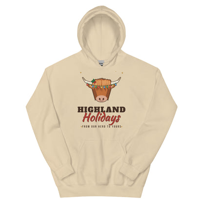 Highland Holidays Highland Cow Western Christmas Hoodie in Sand, front view