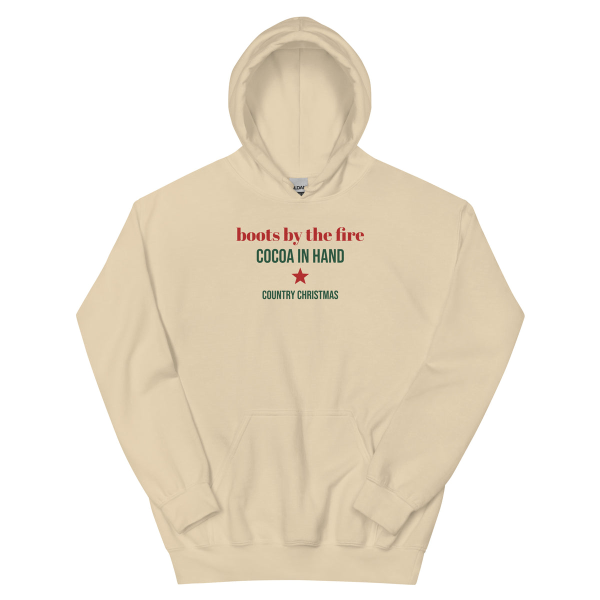 Boots By The Fire Western Christmas Hoodie in Sand, front view