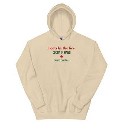 Boots By The Fire Western Christmas Hoodie in Sand, front view