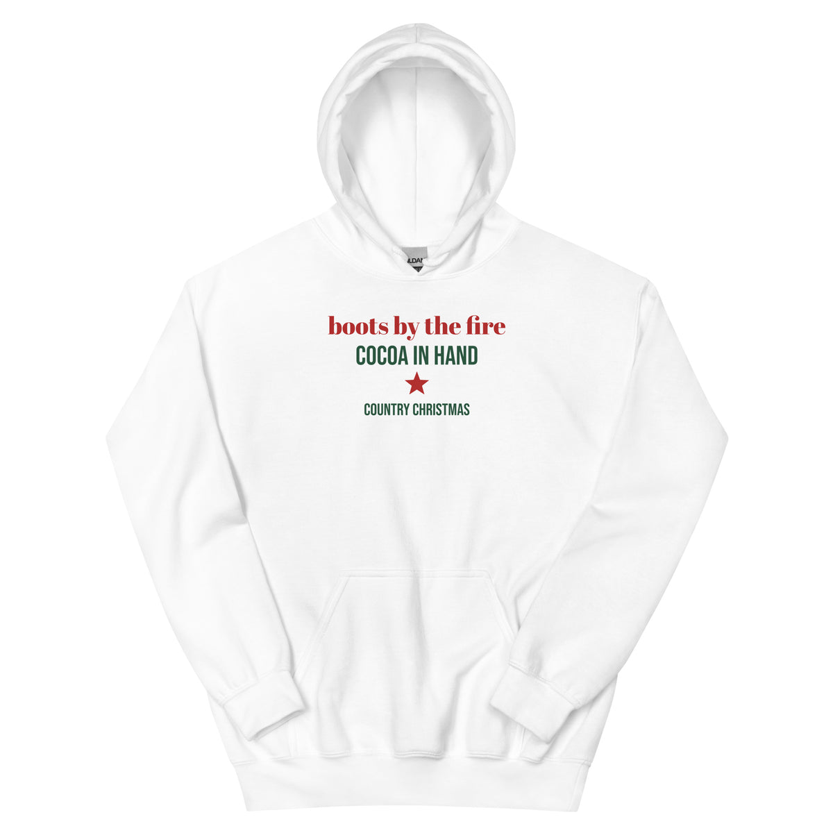 Boots By The Fire Western Christmas Hoodie in White, front view