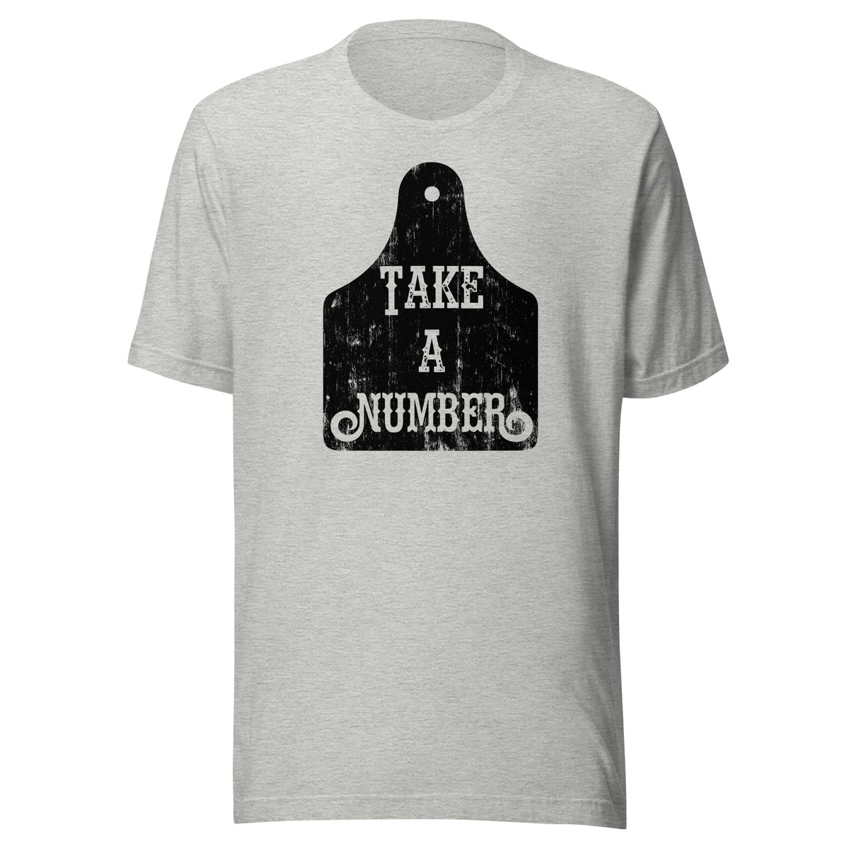 Take A Number Cow Tag Tee in Athletic Heather, front view