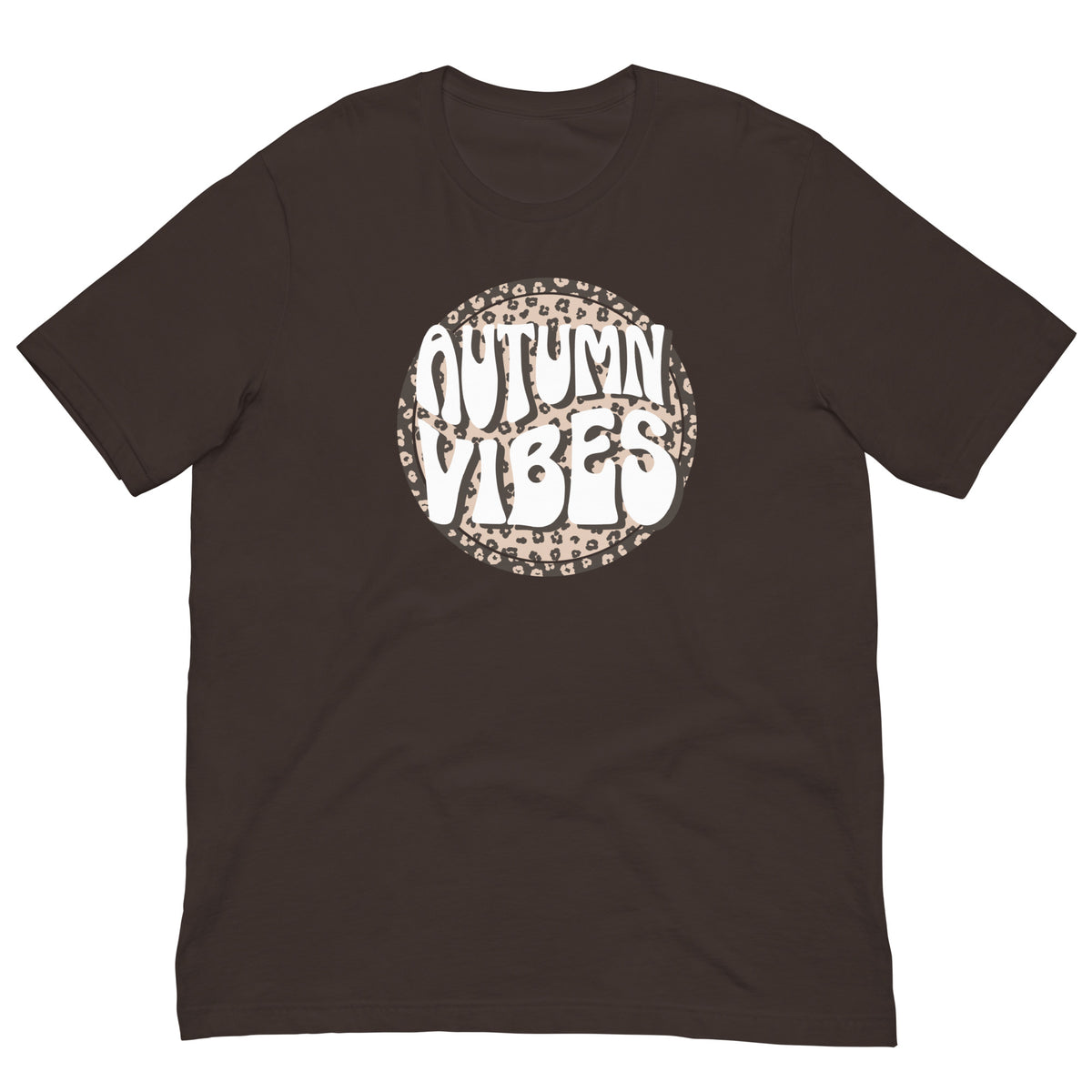 Autumn Vibes Leopard Circle Tee in Brown, Bella+Canvas 3001, front view