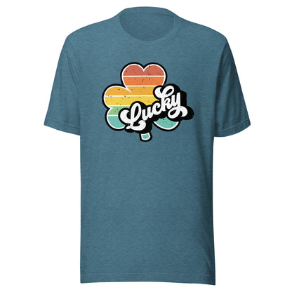 Lucky Clover Rainbow Short Sleeve Tee in Heather Deep Teal, front view