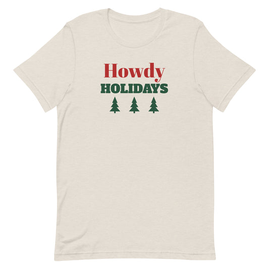 Howdy Holidays Western Christmas Tee in Heather Dust, front view