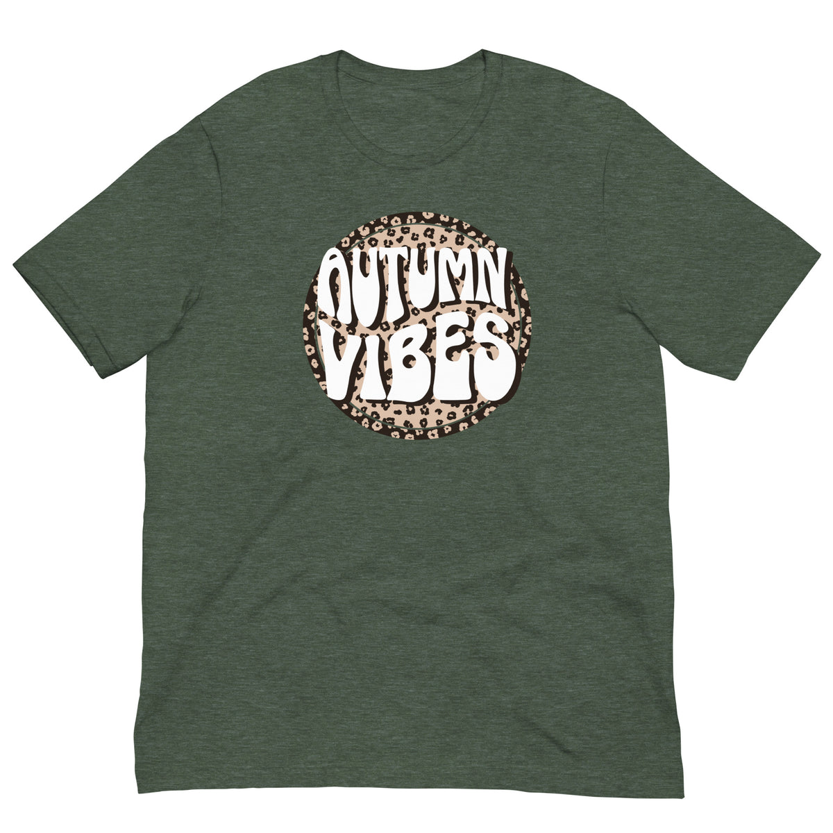 Autumn Vibes Leopard Circle Tee in Heather Forest, Bella+Canvas 3001, front view
