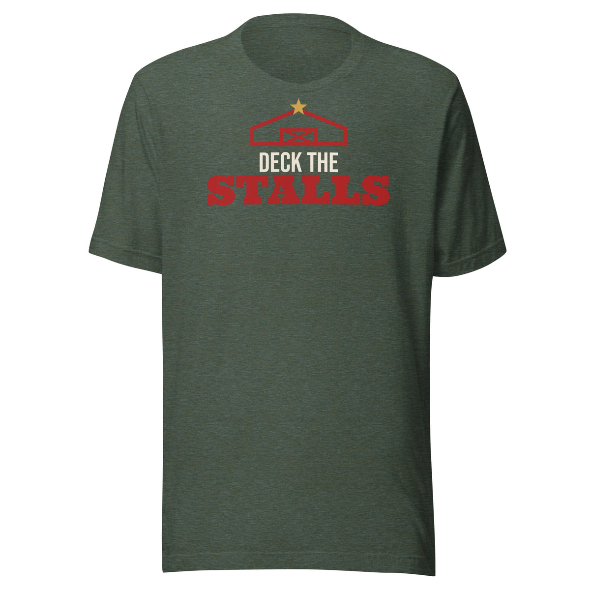 Deck The Stalls Barn Christmas Tee in Heather Forest, front view