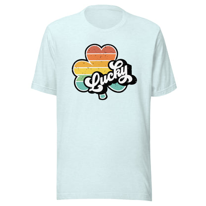 Lucky Clover Rainbow Short Sleeve Tee in Heather Ice Blue, front view