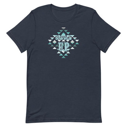 Saddle Up Aztec Tee in Heather Navy, Bella+Canvas 3001, front view