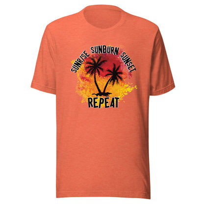 Sunrise Sunburn Sunset Repeat Short Sleeve Tee in Heather Orange, front view