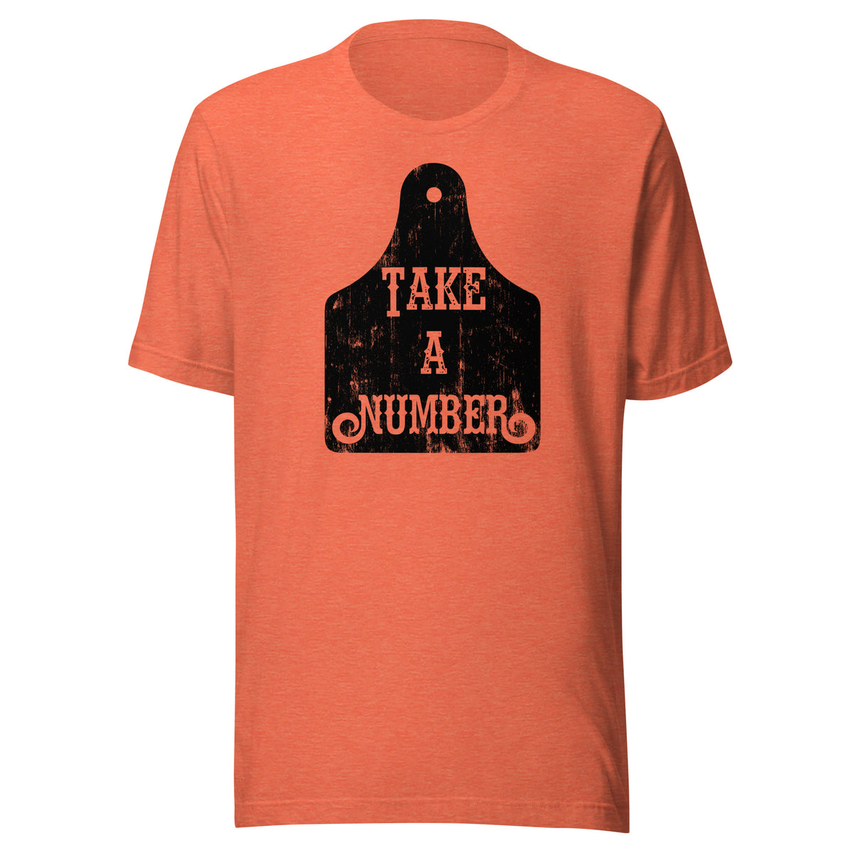 Take A Number Cow Tag Tee in Heather Orange, front view