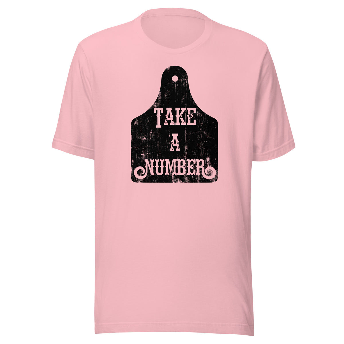 Take A Number Cow Tag Tee in Pink, front view
