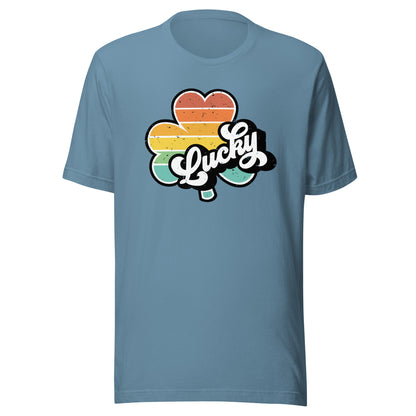 Lucky Clover Rainbow Short Sleeve Tee in Steel Blue, front view