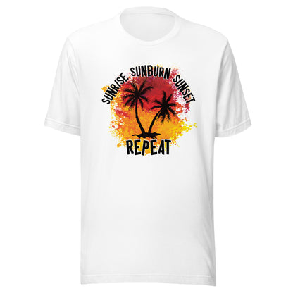 Sunrise Sunburn Sunset Repeat Short Sleeve Tee in White, front view