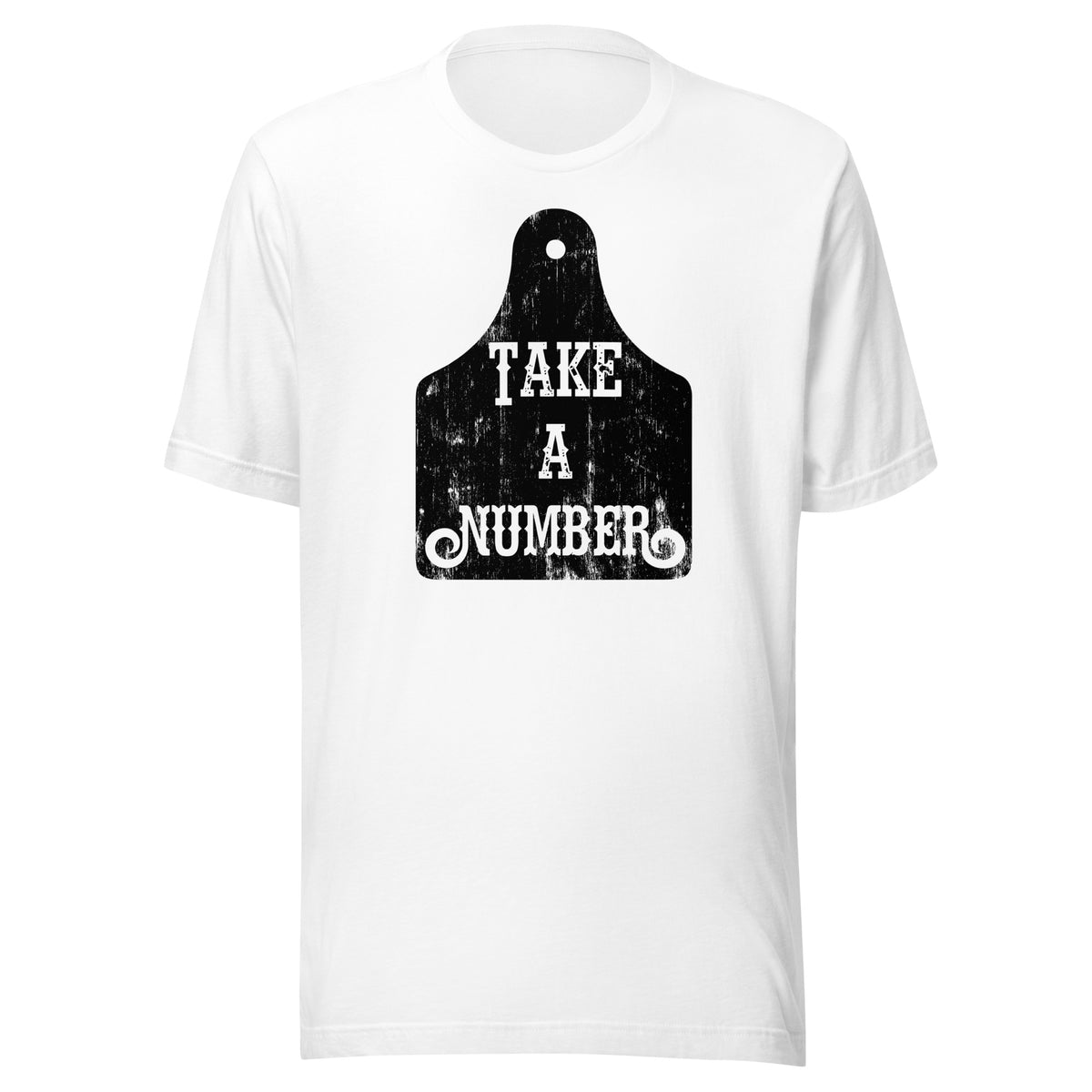 Take A Number Cow Tag Tee in White, front view