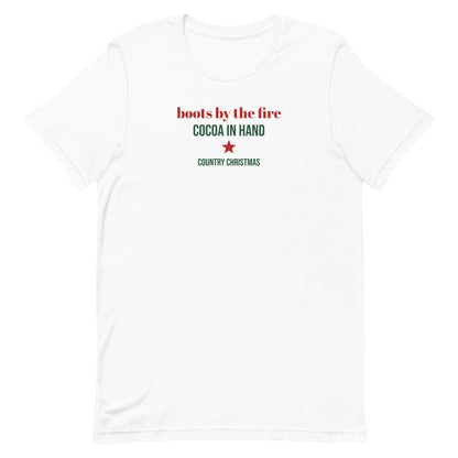 Boots By The Fire Country Christmas Tee in White, front view