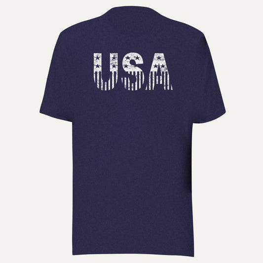 USA Stars & Stripes Distressed Short Sleeve Tee in Heather Midnight Navy, front view
