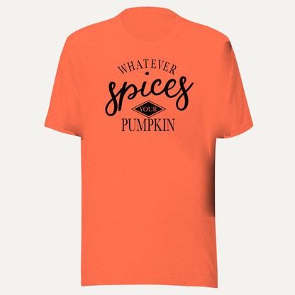 Whatever Spices Your Pumpkin Short Sleeve Tee in Heather Orange, front view