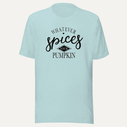 Whatever Spices Your Pumpkin Short Sleeve Tee in Heather Prism Ice Blue, front view