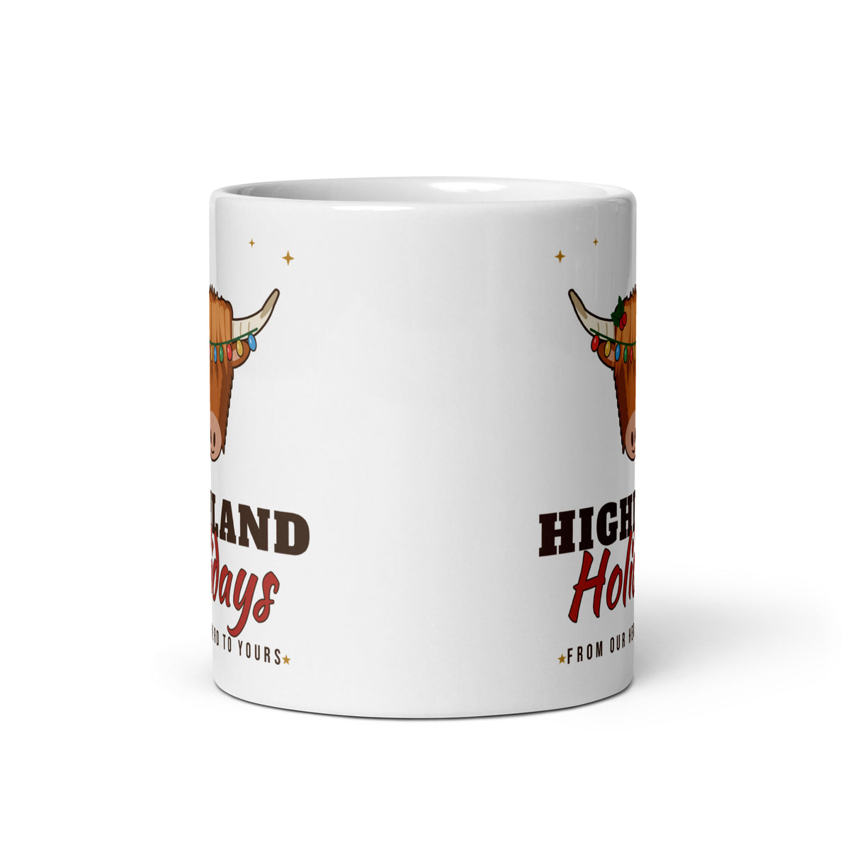 Highland Holidays Highland Cow Christmas Mug, front view
