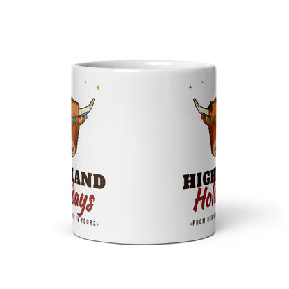 Highland Holidays Highland Cow Christmas Mug, front view