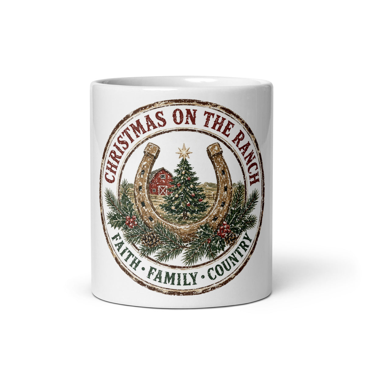 Christmas on the Ranch Faith Family Country Christmas mug, front view, 11 oz