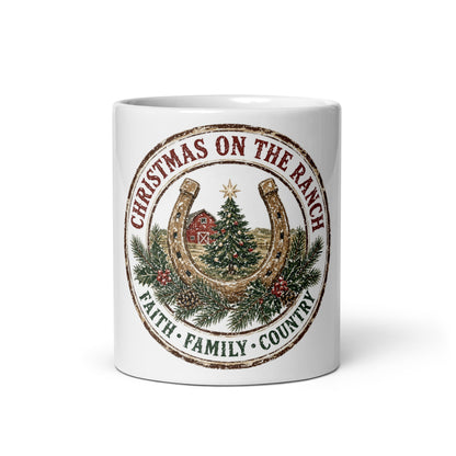 Christmas on the Ranch Faith Family Country Christmas mug, front view, 11 oz