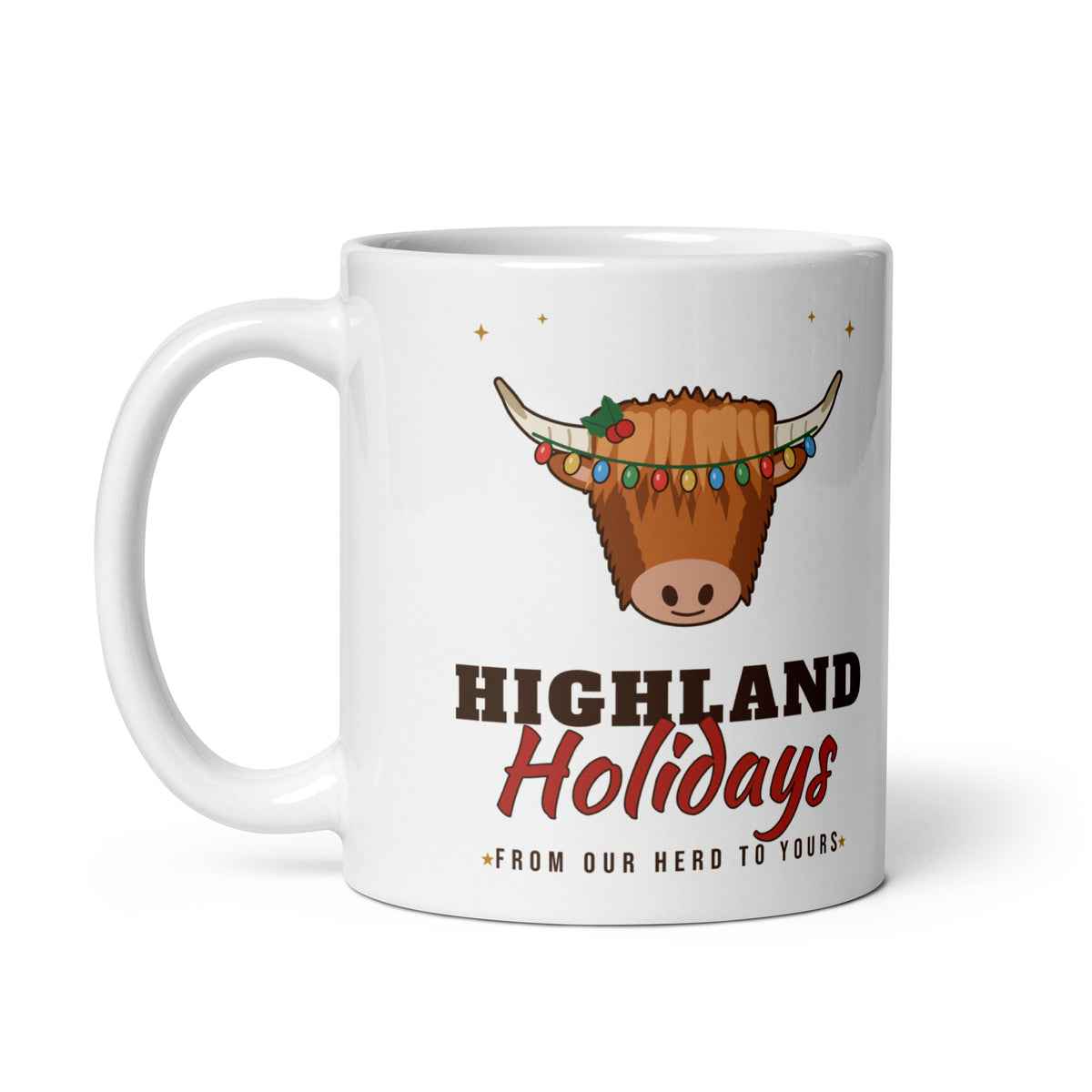 Highland Holidays Highland Cow Christmas Mug, handle on left