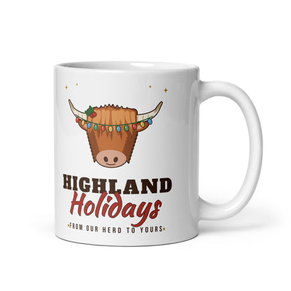 Highland Holidays Highland Cow Christmas Mug, handle on right
