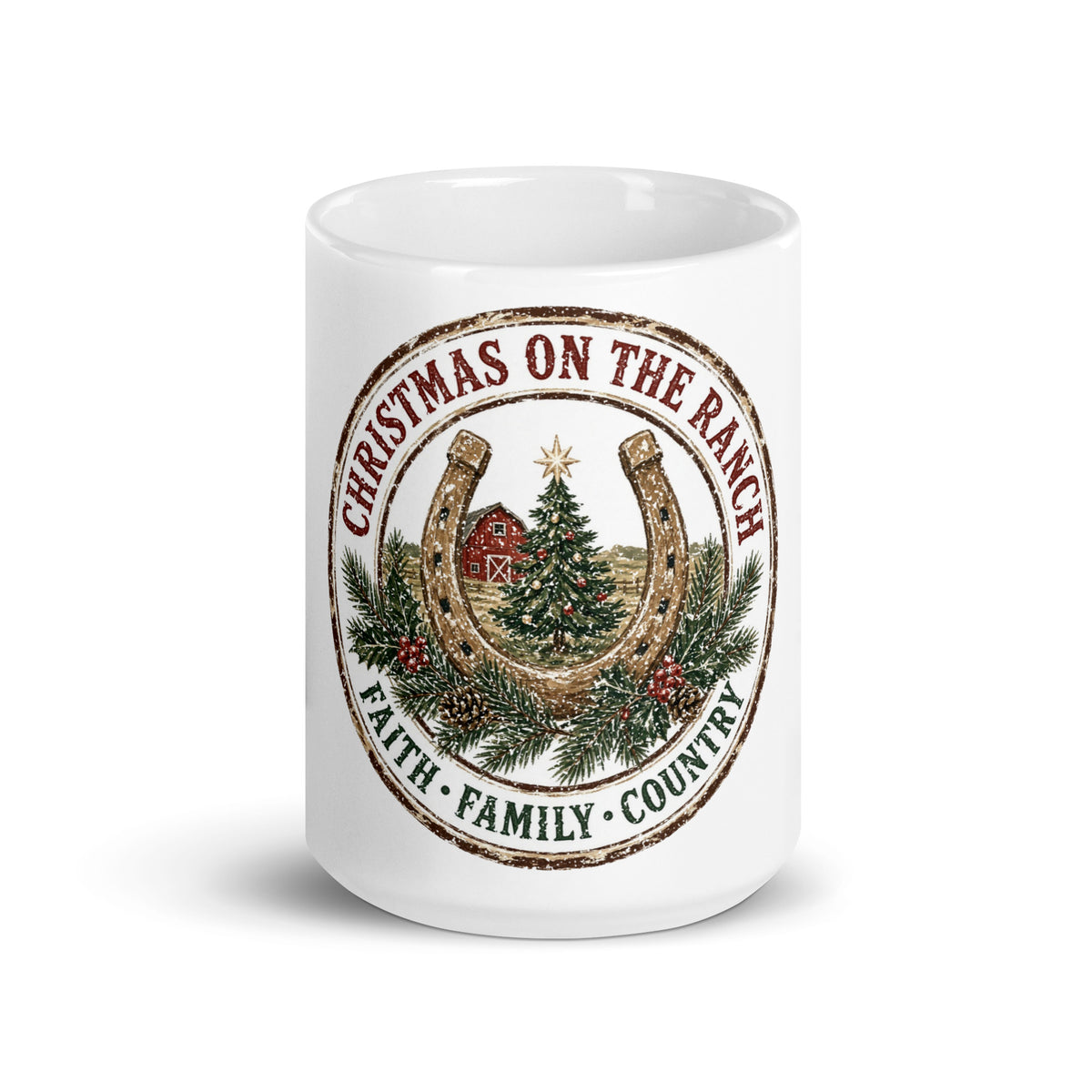 Christmas on the Ranch Faith Family Country Christmas mug, front view, 15 oz