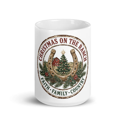 Christmas on the Ranch Faith Family Country Christmas mug, front view, 15 oz