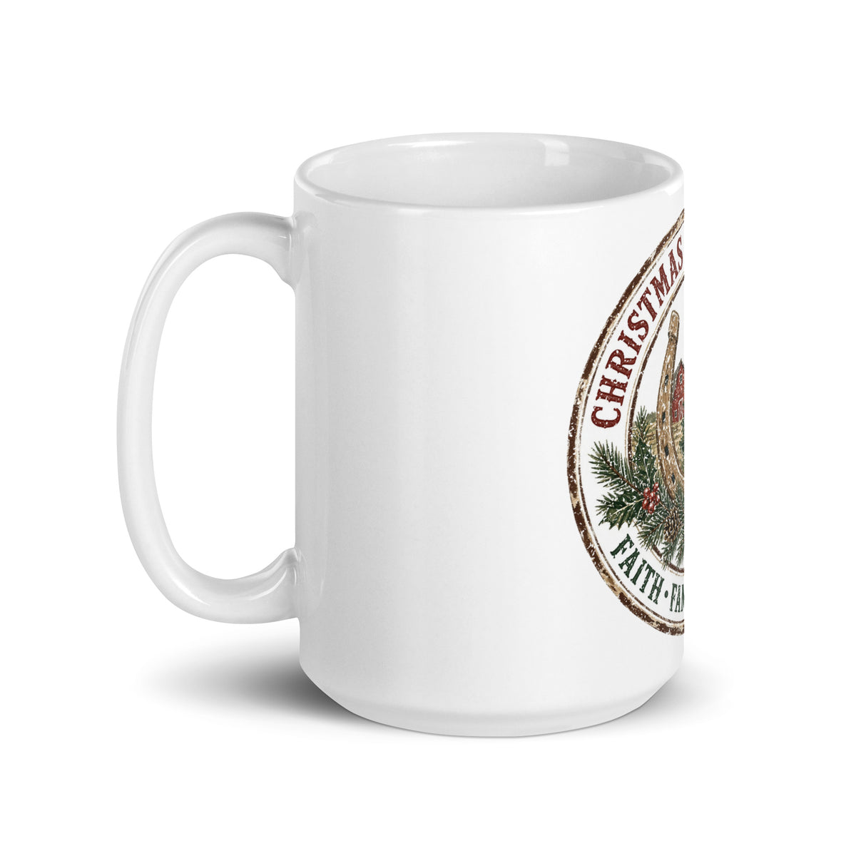 Christmas on the Ranch Faith Family Country Christmas mug, handle on left, 15 oz