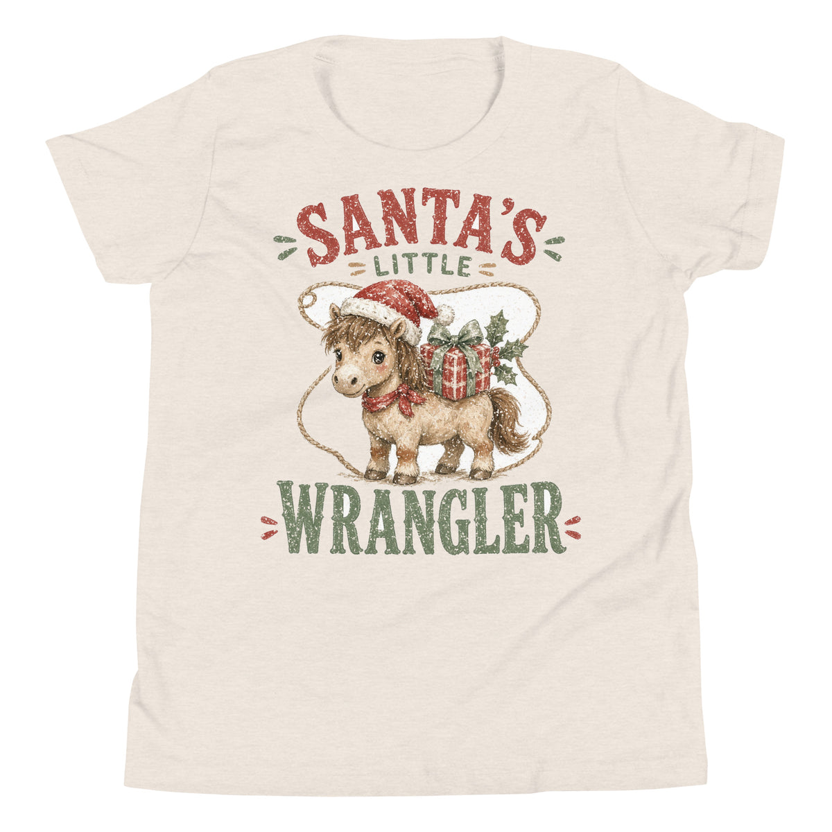 Santa's Little Wrangler western Christmas youth tee in Heather Dust, front
