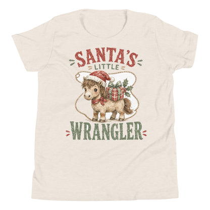 Santa's Little Wrangler western Christmas youth tee in Heather Dust, front