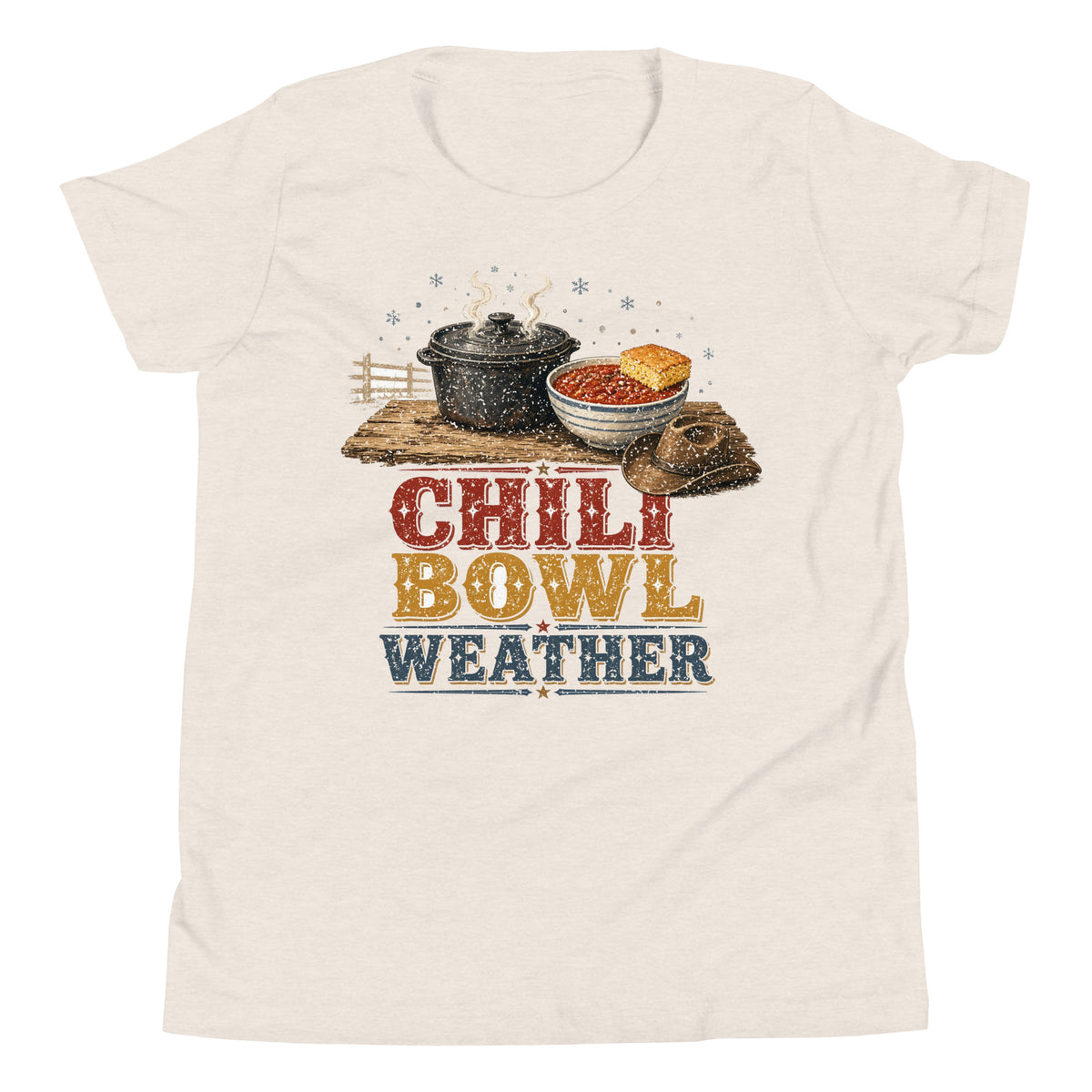 Chili Bowl Weather youth tee in Heather Dust, front