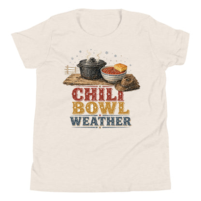 Chili Bowl Weather youth tee in Heather Dust, front