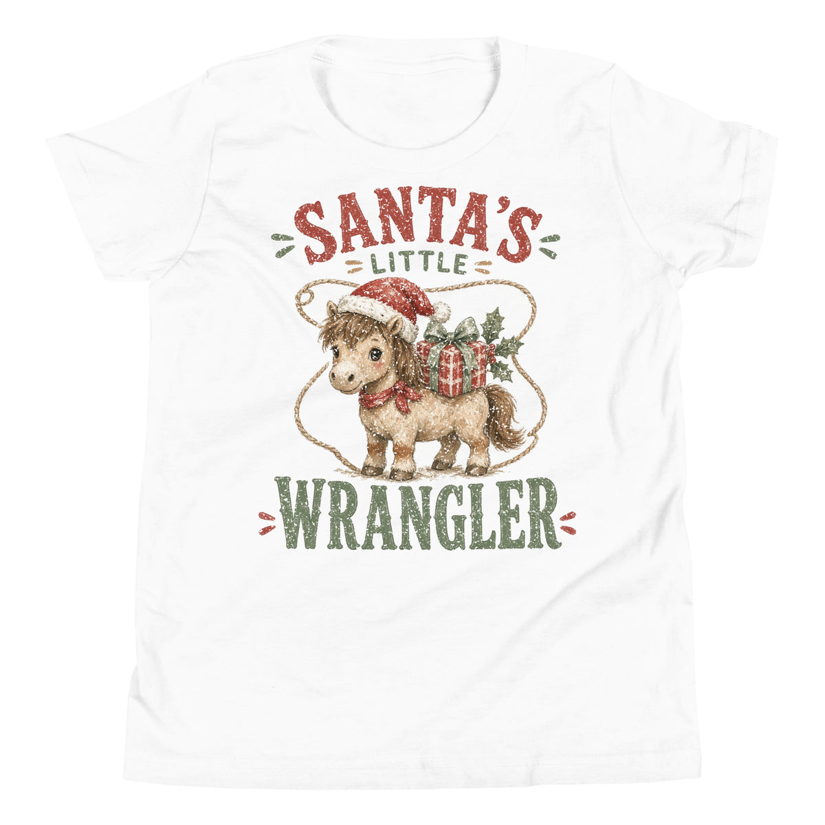 Santa's Little Wrangler western Christmas youth tee in White, front