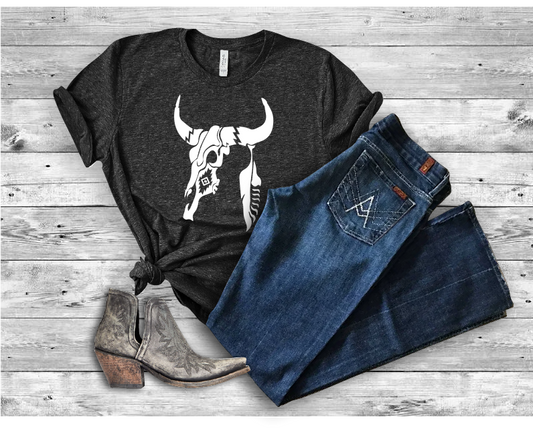 Cow Skull And Feather Bella Canvas 3001 Tee