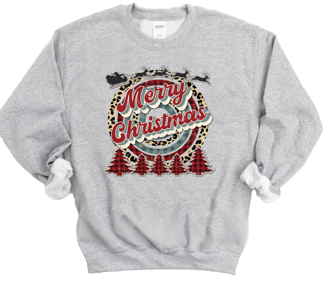 Merry Christmas Retro Cheetah Plaid Unisex Long Sleeve Sweatshirt in Sport Grey