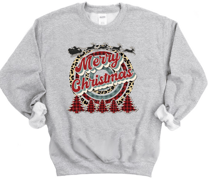 Merry Christmas Retro Cheetah Plaid Unisex Long Sleeve Sweatshirt in Sport Grey