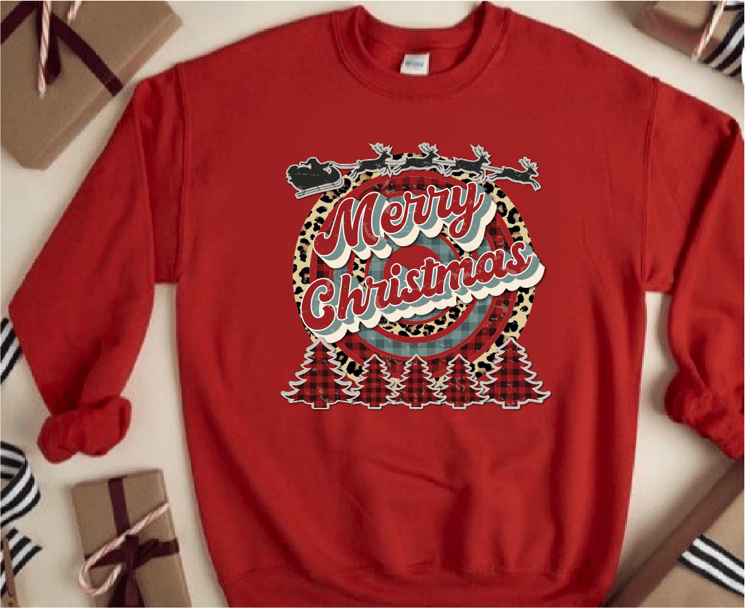 Merry Christmas Retro Cheetah Plaid Unisex Long Sleeve Sweatshirt in Red